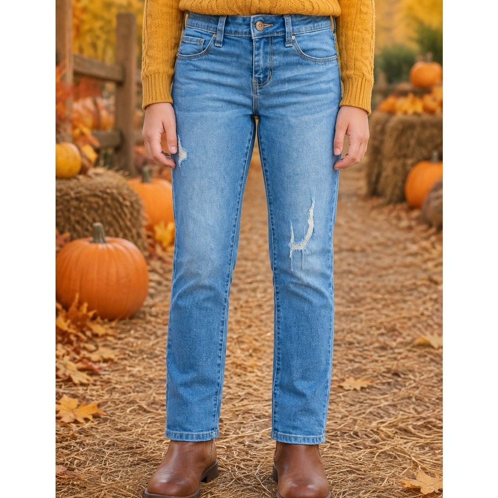 YMI Girl Blue Distressed Straight Leg Jeans Medium Wash Size 14 Stretch Denim